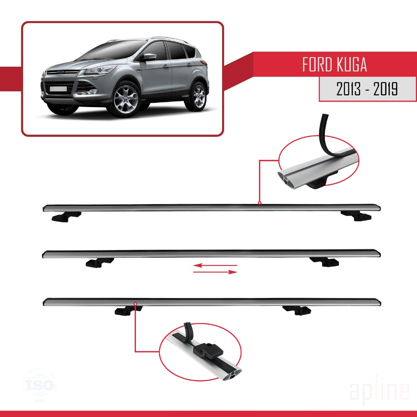 Compatible avec Ford Kuga 2 (C520) 2013-2019 BASIC Model Barres de Toit Railing Porte-Bagages de Voiture Gris Aluminium 3 Barres