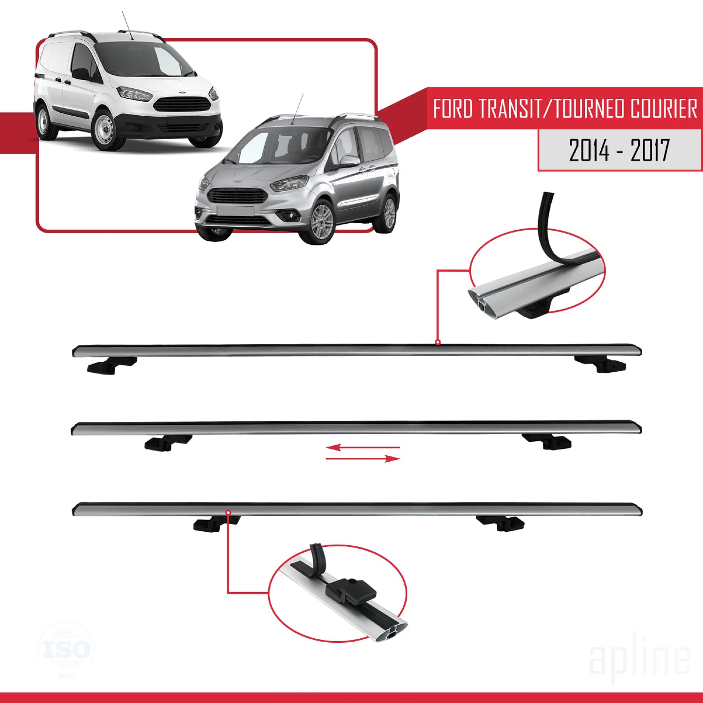 Compatible with Ford Transit/Tourneo Courier Pre-Facelift 2014-2017 BASIC Model Car Roof Rack Cross Bar Grey Aluminium 4 Bars