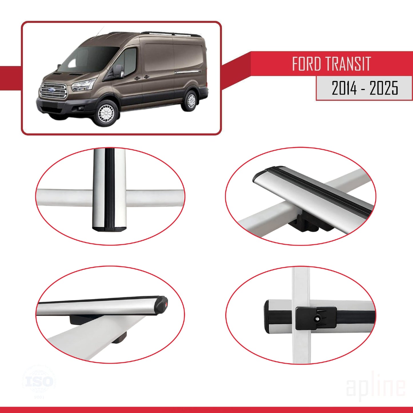 Compatible avec Ford Transit 2014-2025 BASIC Model Barres de Toit Railing Porte-Bagages de Voiture Gris Aluminium 2 Barres