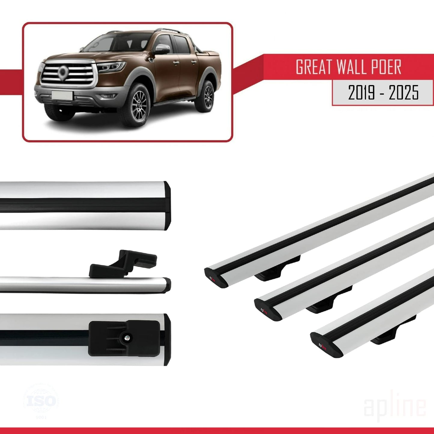 Compatible avec Great Wall Poer 2019-2025 BASIC Model Barres de Toit Railing Porte-Bagages de Voiture Gris Aluminium 3 Barres