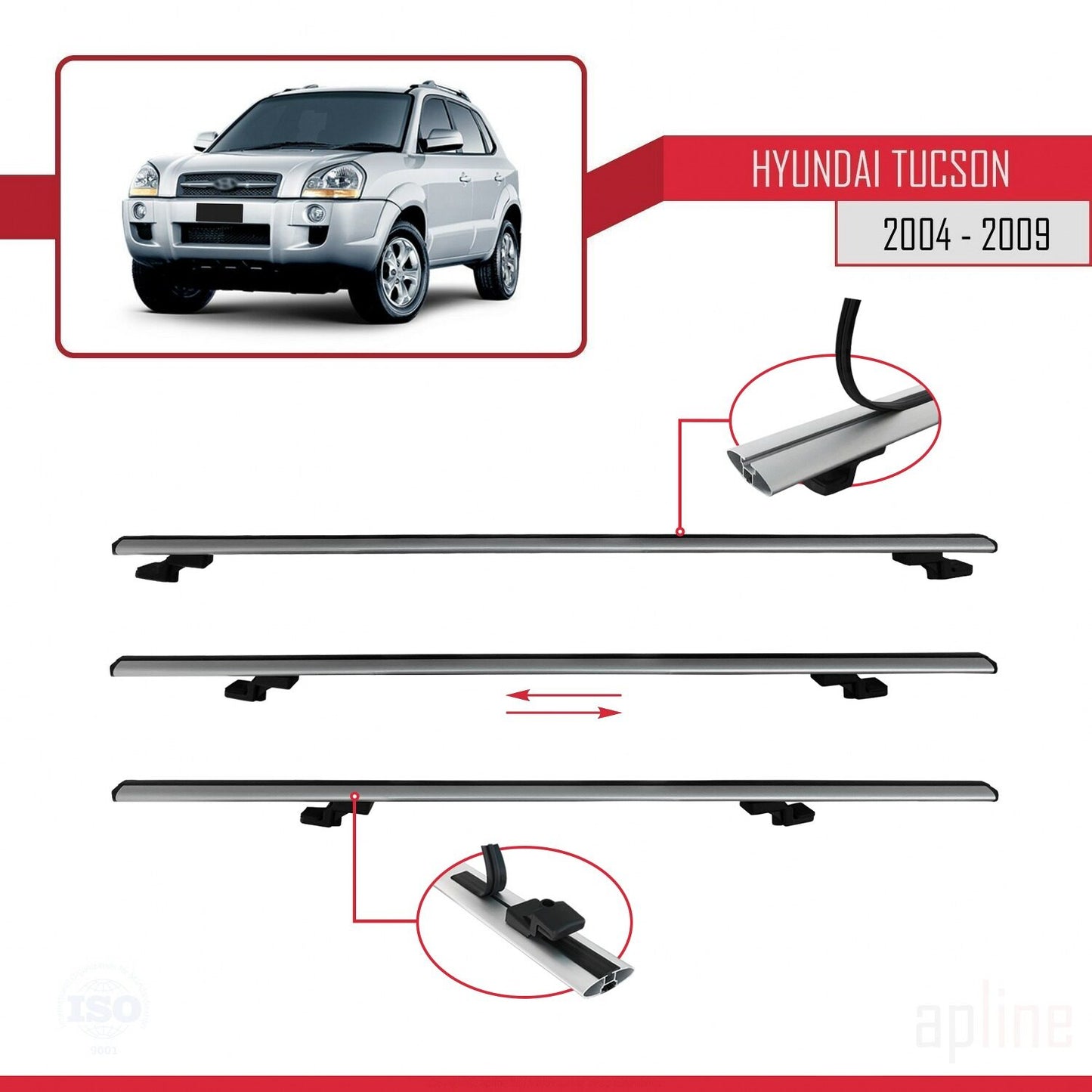 Compatible avec Hyundai Tucson (JM) 2004-2009 BASIC Model Barres de Toit Railing Porte-Bagages de Voiture Gris Aluminium 2 Barres
