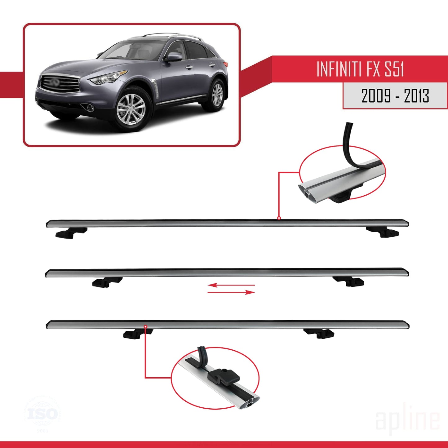 Compatible avec Infiniti FX 2 (S51) 2009-2013 BASIC Model Barres de Toit Railing Porte-Bagages de Voiture Gris Aluminium 3 Barres