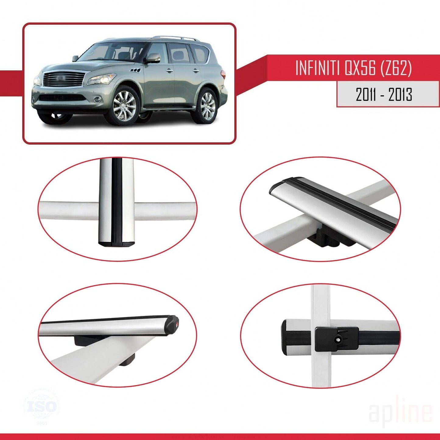 Compatible avec IInfiniti QX56 (Z62) 2011-2013 BASIC Model Barres de Toit Railing Porte-Bagages de Voiture Gris Aluminium 2 Barres