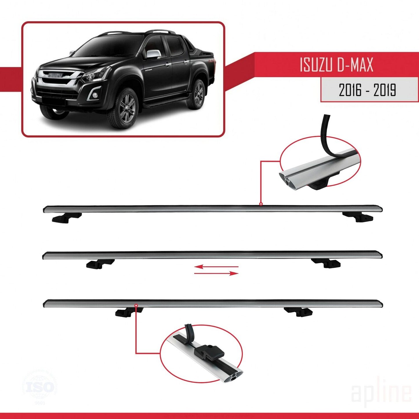 Compatible avec Isuzu D-Max 2 (RT85) Post-Facelift 2016-2019 BASIC Model Barres de Toit Railing Porte-Bagages de Voiture Gris Aluminium 2 Barres