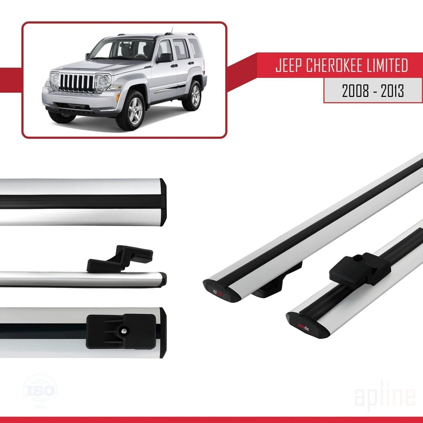 Compatible avec Jeep Cherokee 4 (KK) 2008-2013 BASIC Model Barres de Toit Railing Porte-Bagages de Voiture Gris Aluminium 2 Barres
