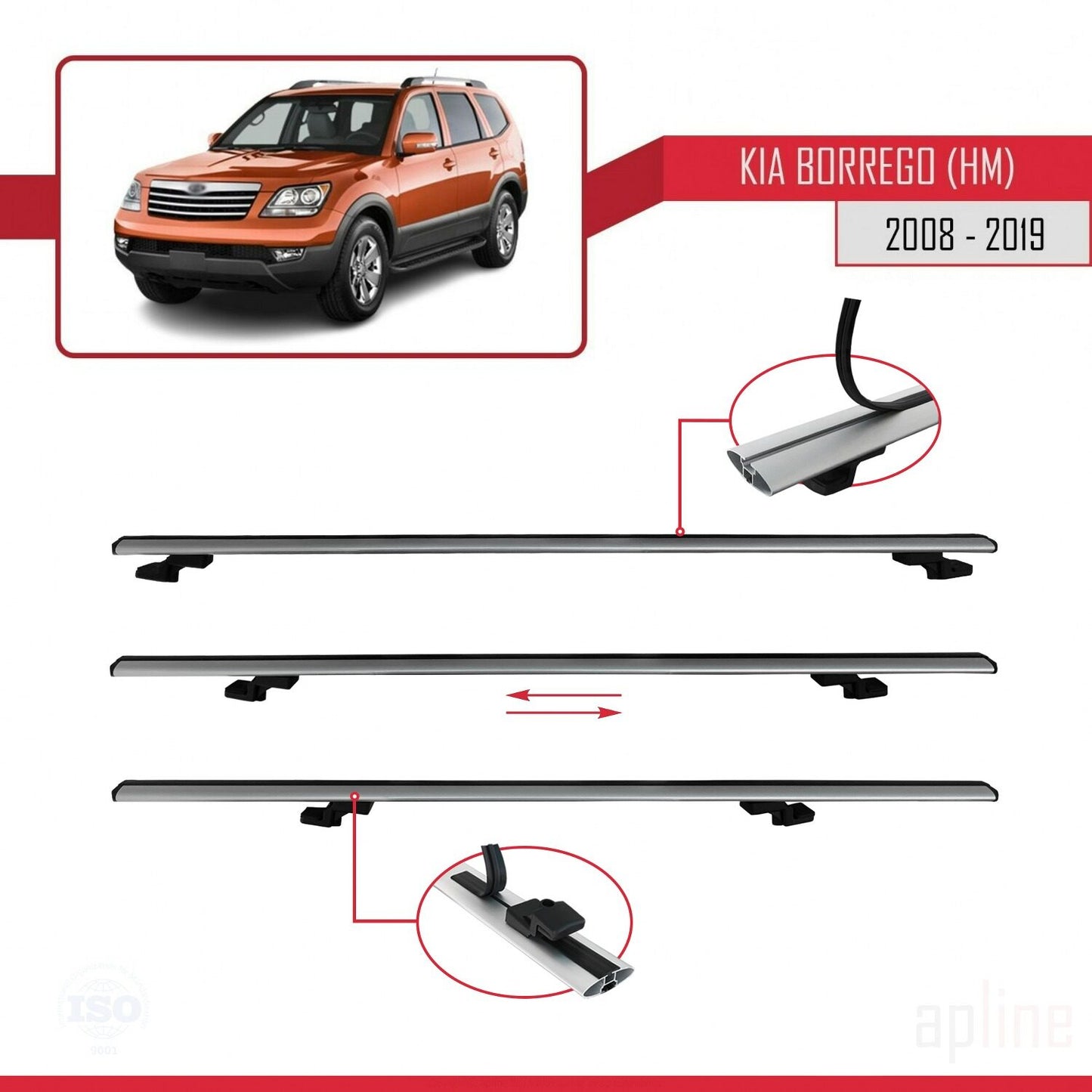 Compatible avec Kia Borrego (HM) 2008-2019 BASIC Model Barres de Toit Railing Porte-Bagages de Voiture Gris Aluminium 3 Barres