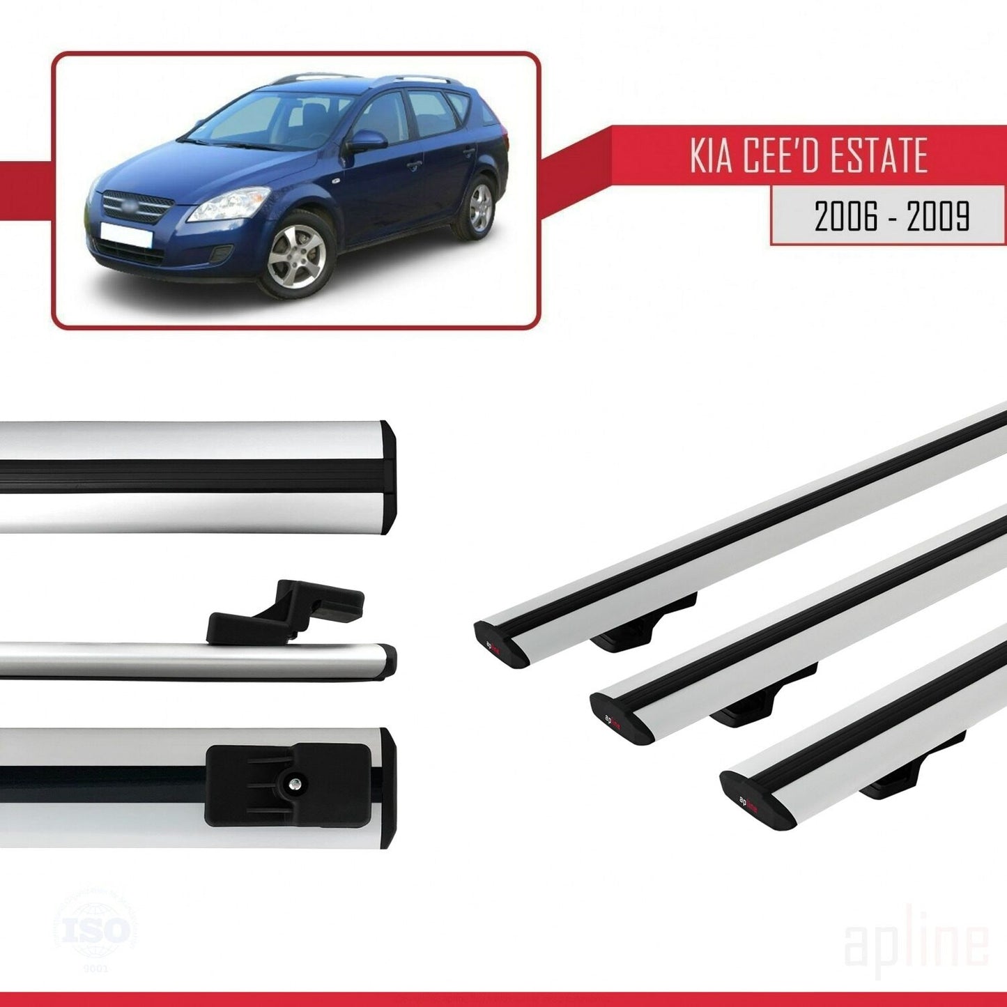 Compatible with Kia Ceed (ED) SW Pre-Facelift 2006-2009 BASIC Model Car Roof Rack Cross Bar Grey Aluminium 3 Bars