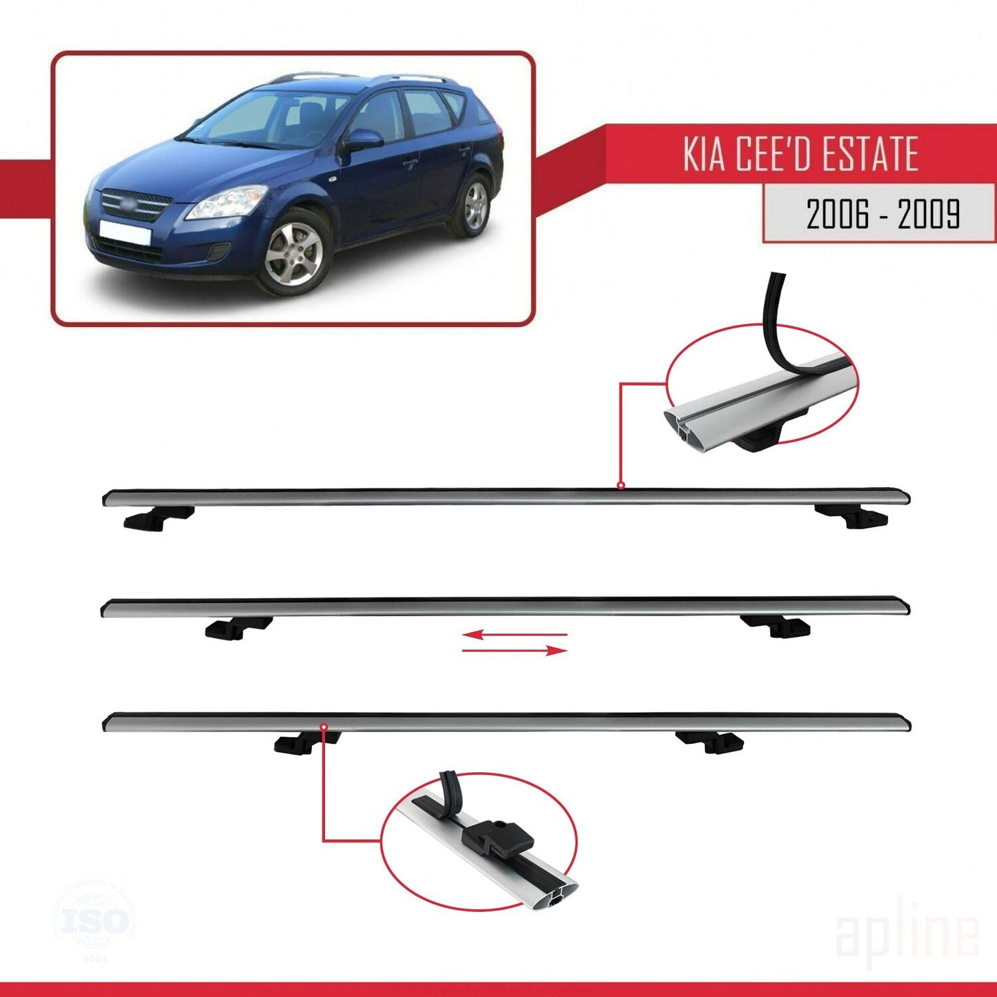 Compatible with Kia Ceed (ED) SW Pre-Facelift 2006-2009 BASIC Model Car Roof Rack Cross Bar Grey Aluminium 3 Bars