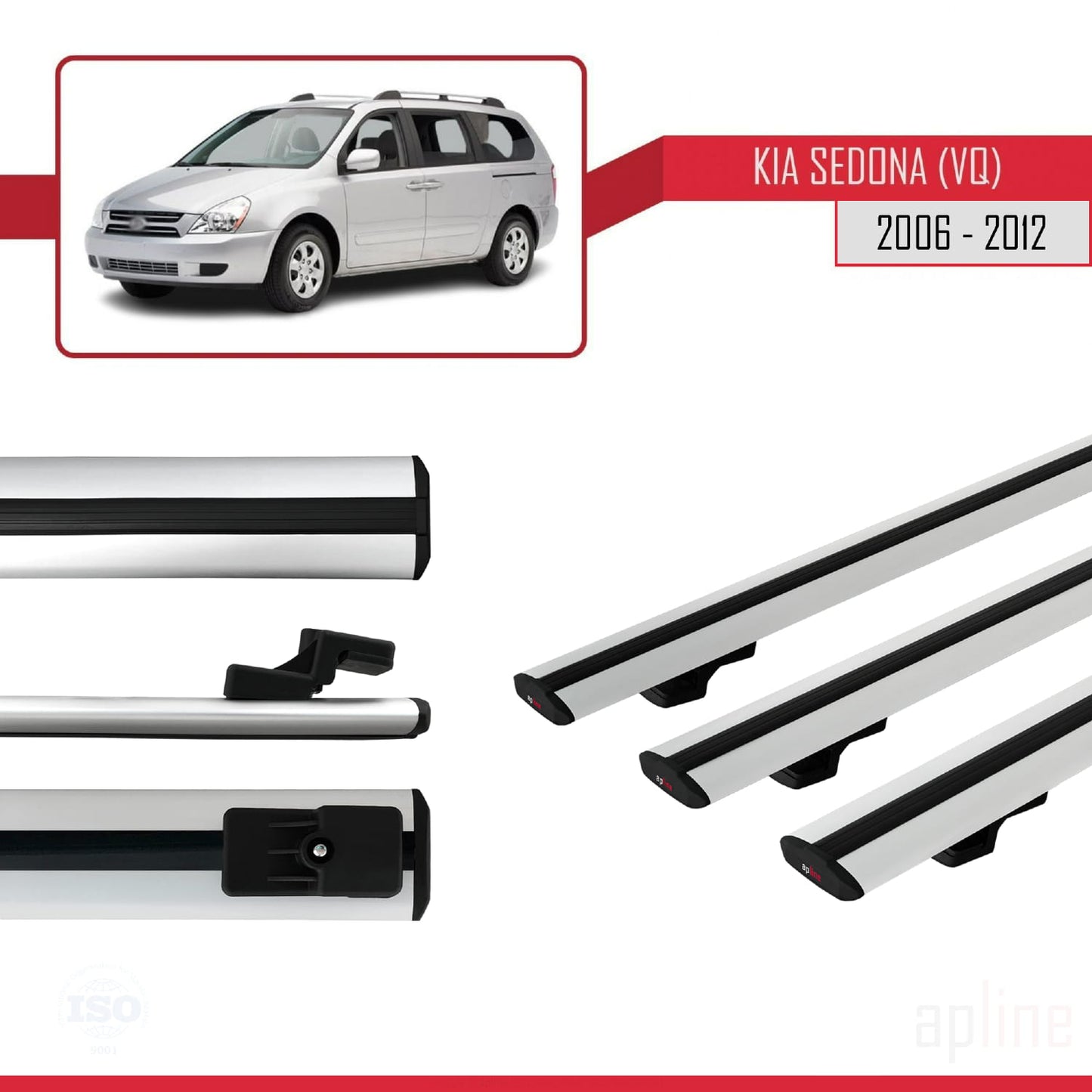 Compatible with Kia Sedona 2 (VQ) 2006-2012 BASIC Model Car Roof Rack Cross Bar Grey Aluminium 3 Bars