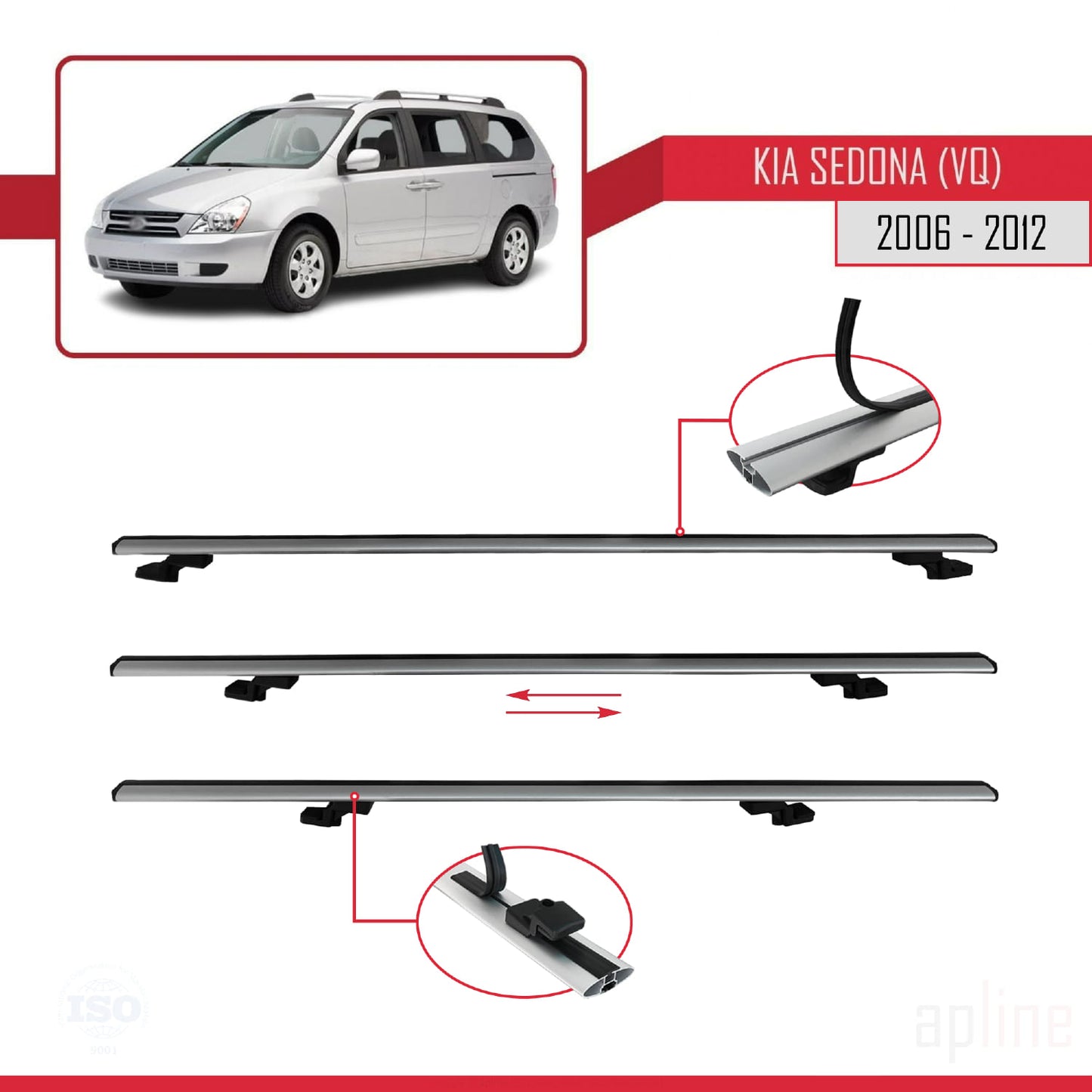 Compatible with Kia Sedona 2 (VQ) 2006-2012 BASIC Model Car Roof Rack Cross Bar Grey Aluminium 2 Bars