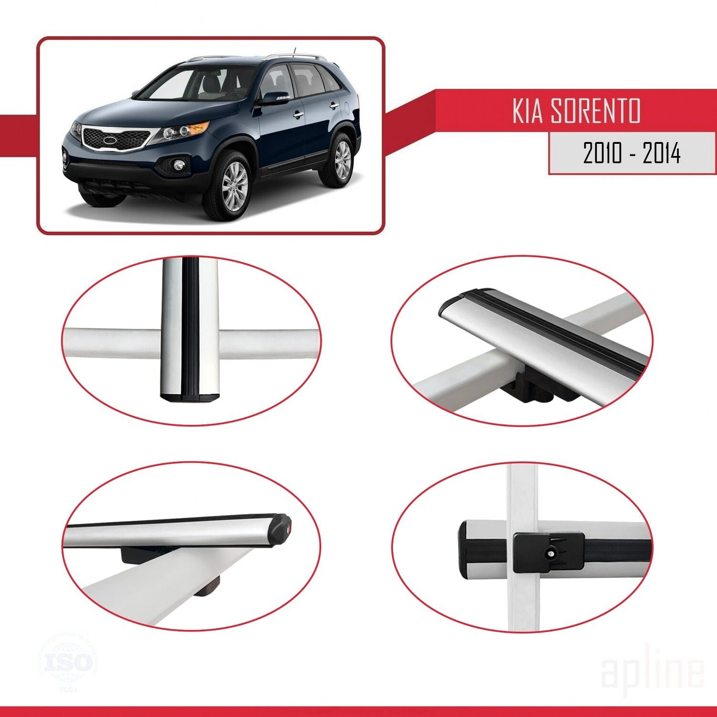 Compatible with Kia Sorento 2 (XM) 2010-2014 BASIC Model Car Roof Rack Cross Bar Grey Aluminium 3 Bars