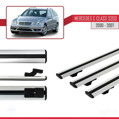 Compatible avec Mercedes Classe C 2 (S203) 2000-2007 BASIC Model Barres de Toit Railing Porte-Bagages de Voiture Gris Aluminium 3 Barres