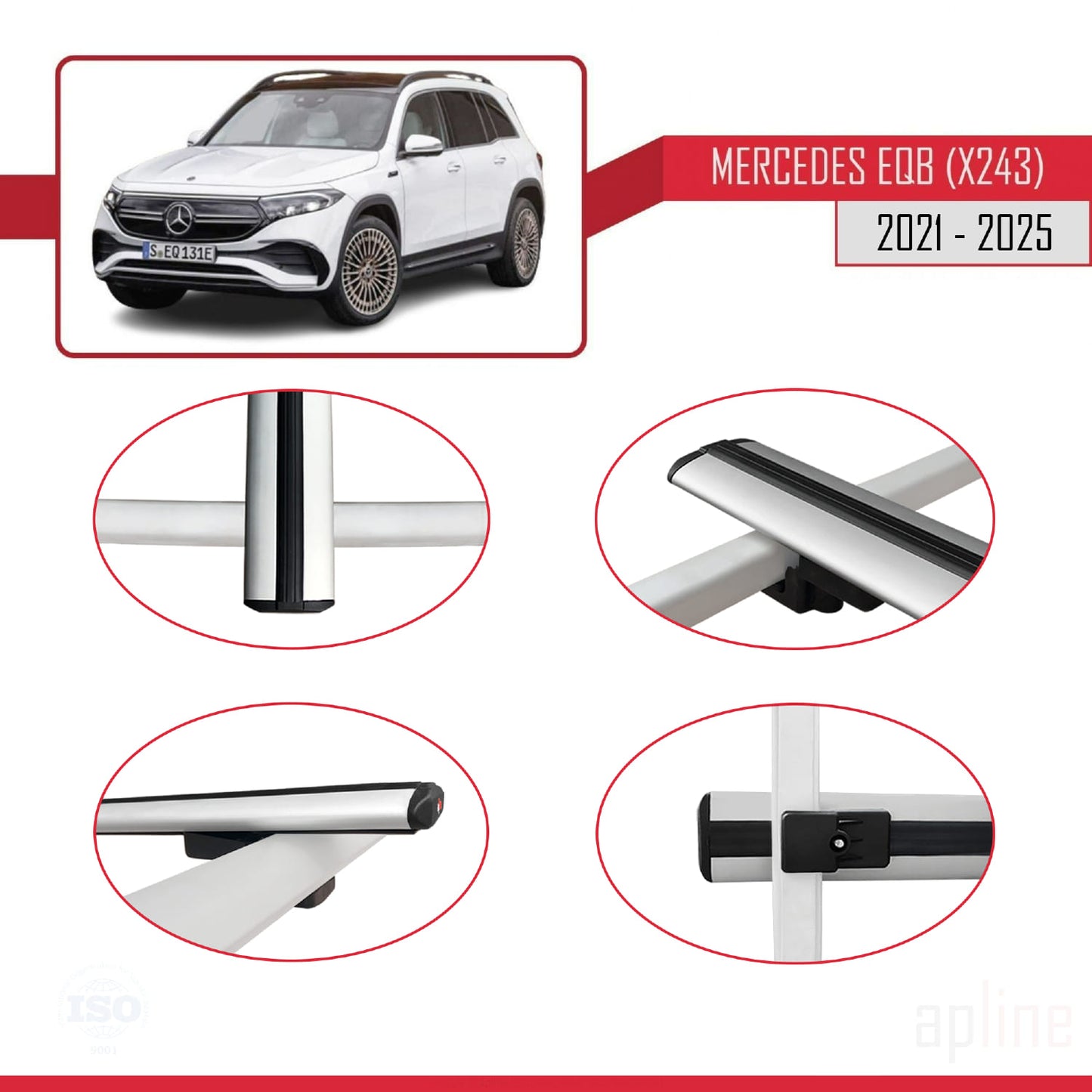 Compatible with Mercedes EQB (X243) 2021-2025 BASIC Model Car Roof Rack Cross Bar Grey Aluminium 2 Bars