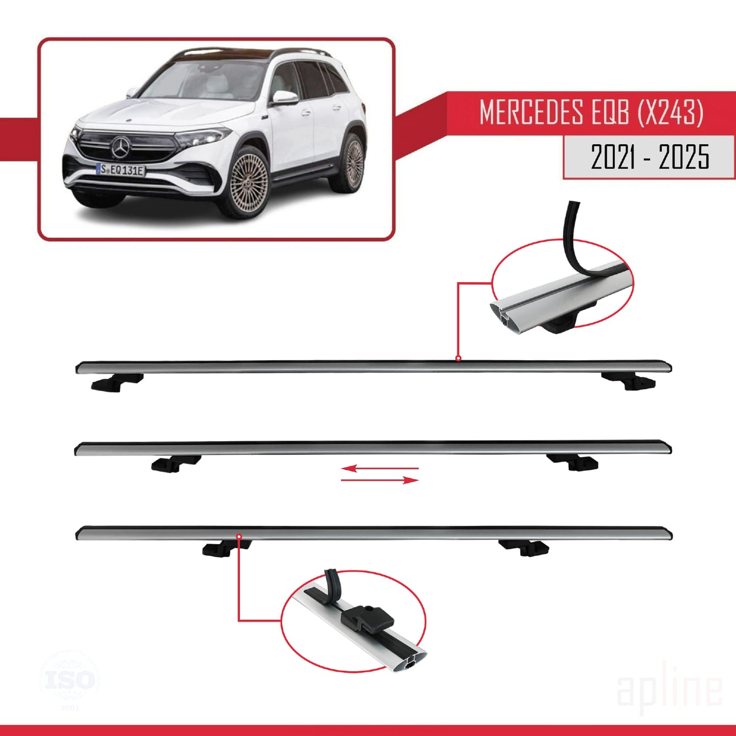 Compatible with Mercedes EQB (X243) 2021-2025 BASIC Model Car Roof Rack Cross Bar Grey Aluminium 2 Bars