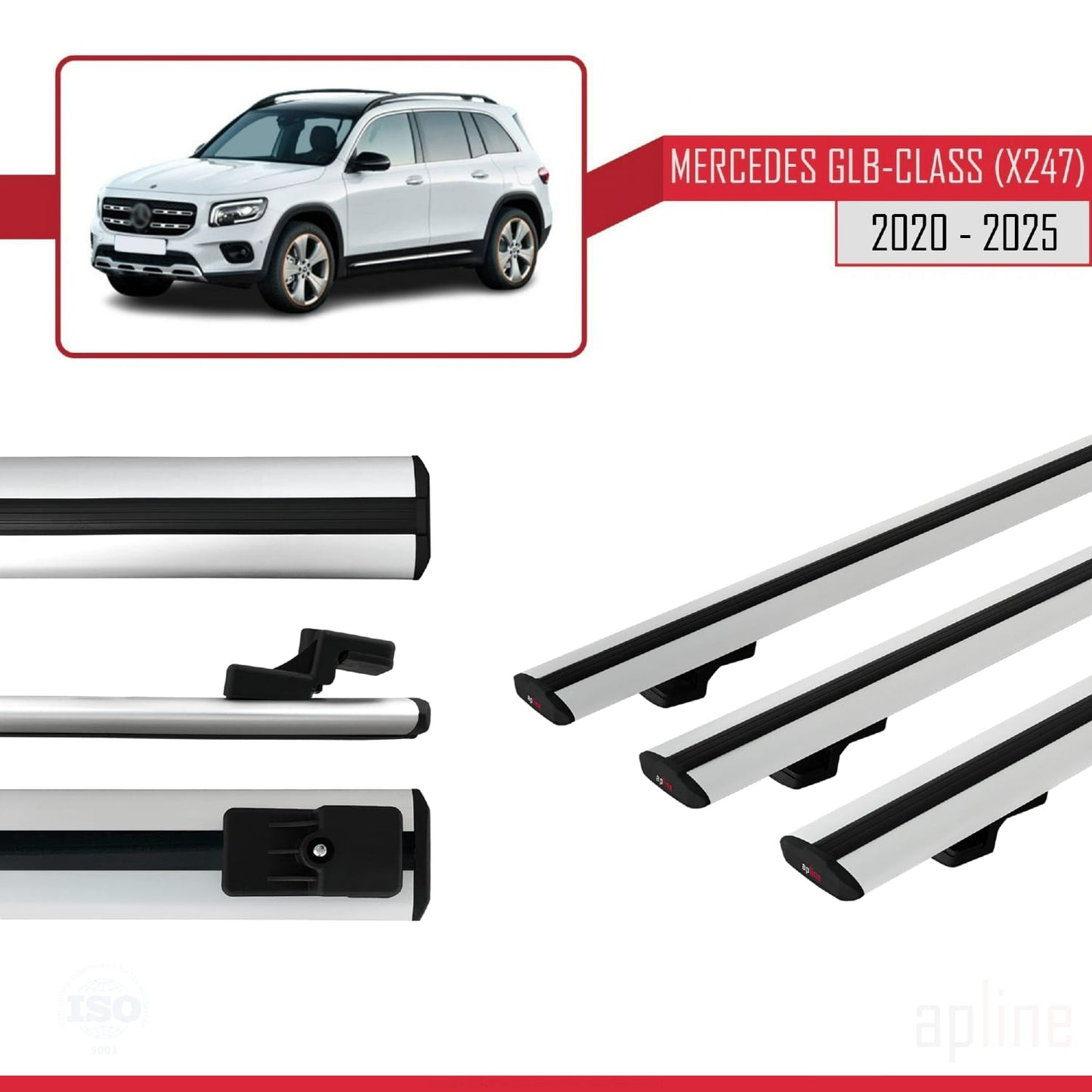 Compatible with Mercedes GLB Class (X247) 2020-2025 BASIC Model Car Roof Rack Cross Bar Grey Aluminium 3 Bars