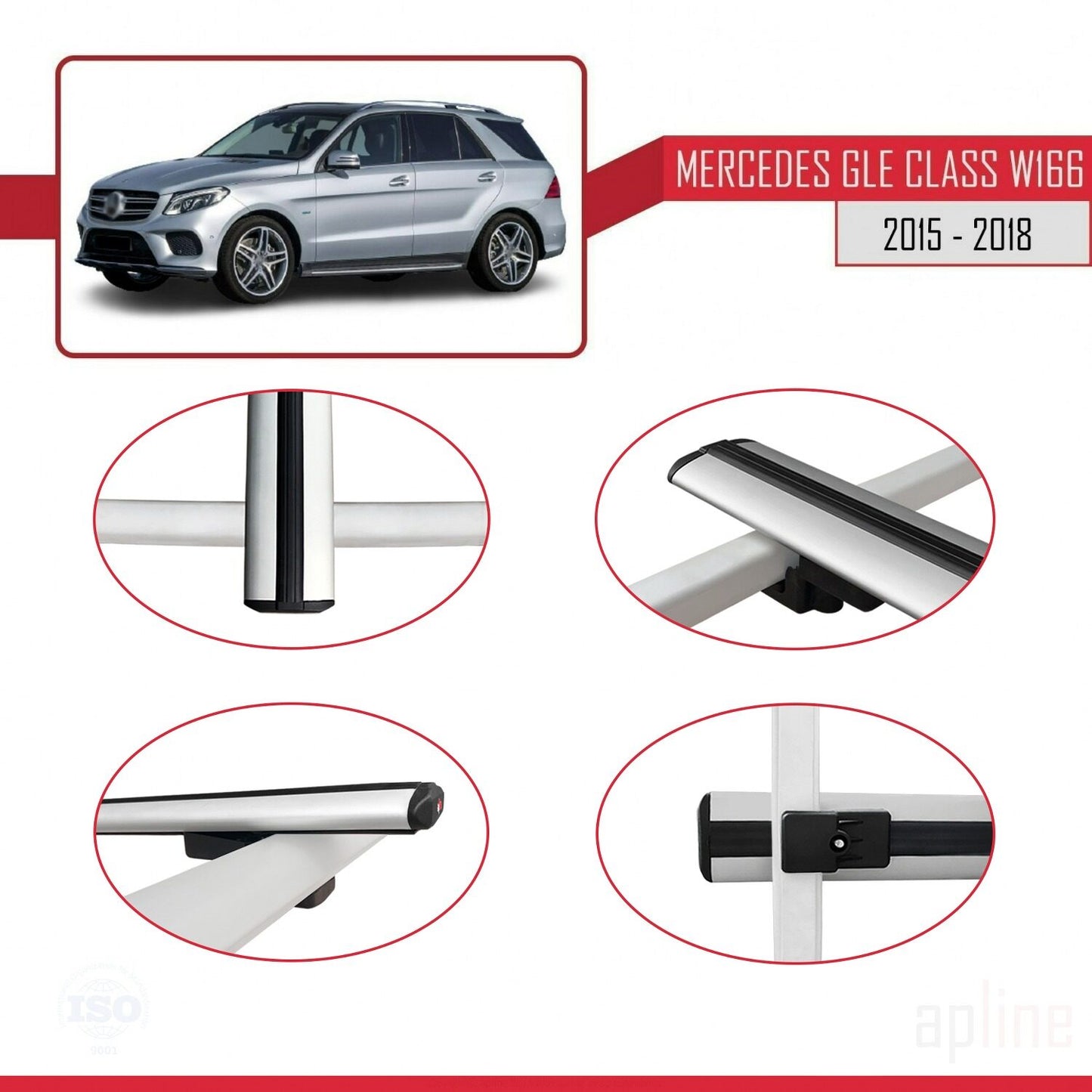 Compatible with Mercedes GLE Class 3 (W166) 2015-2018 BASIC Model Car Roof Rack Cross Bar Grey Aluminium 3 Bars