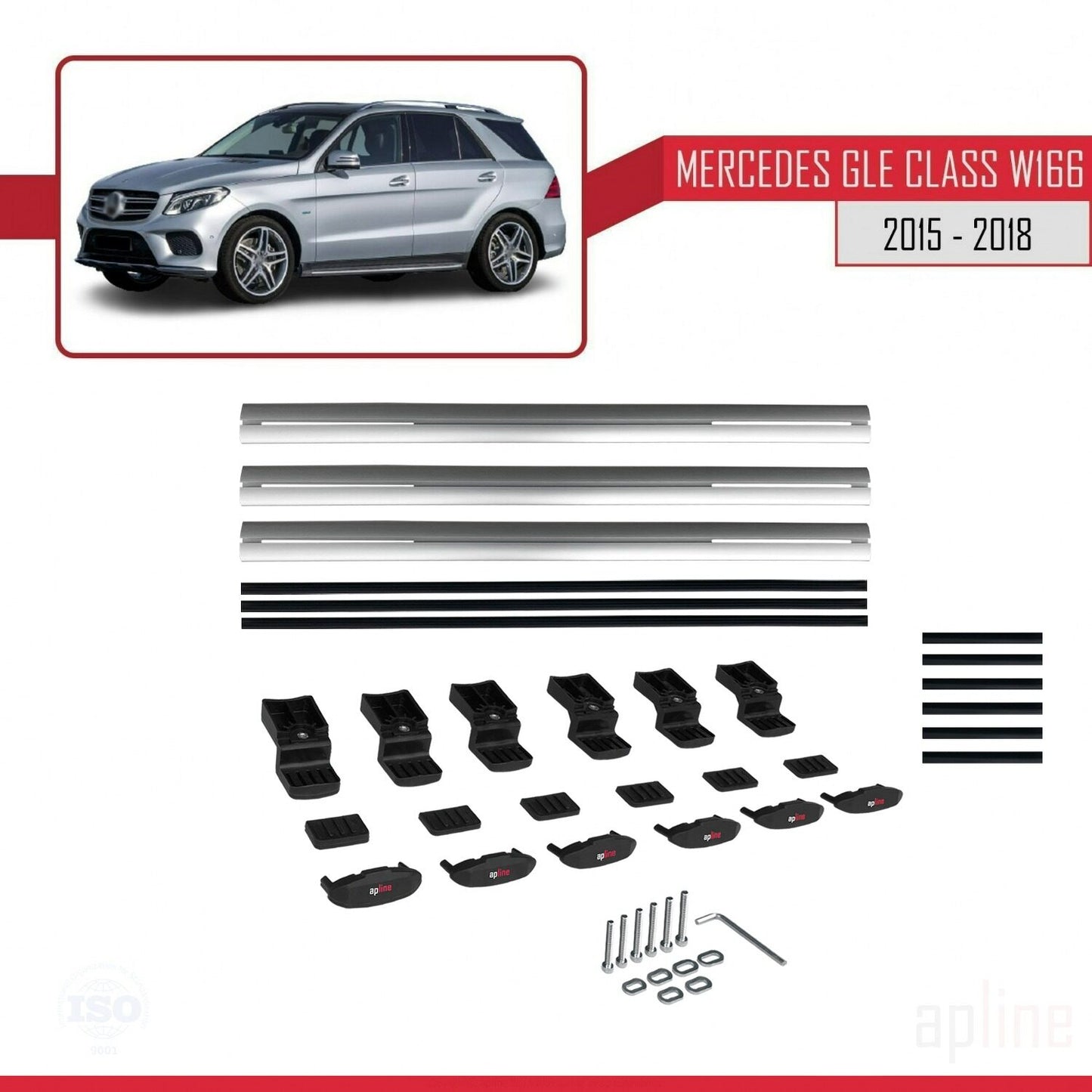 Compatible with Mercedes GLE Class 3 (W166) 2015-2018 BASIC Model Car Roof Rack Cross Bar Grey Aluminium 3 Bars