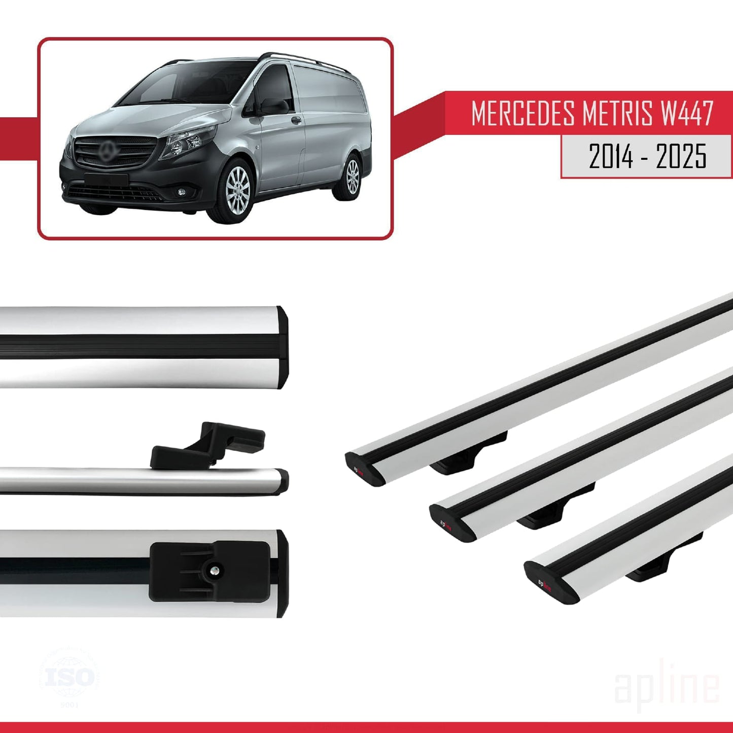 Compatible with Mercedes Metris (W447) 2014-2025 BASIC Model Car Roof Rack Cross Bar Grey Aluminium 3 Bars