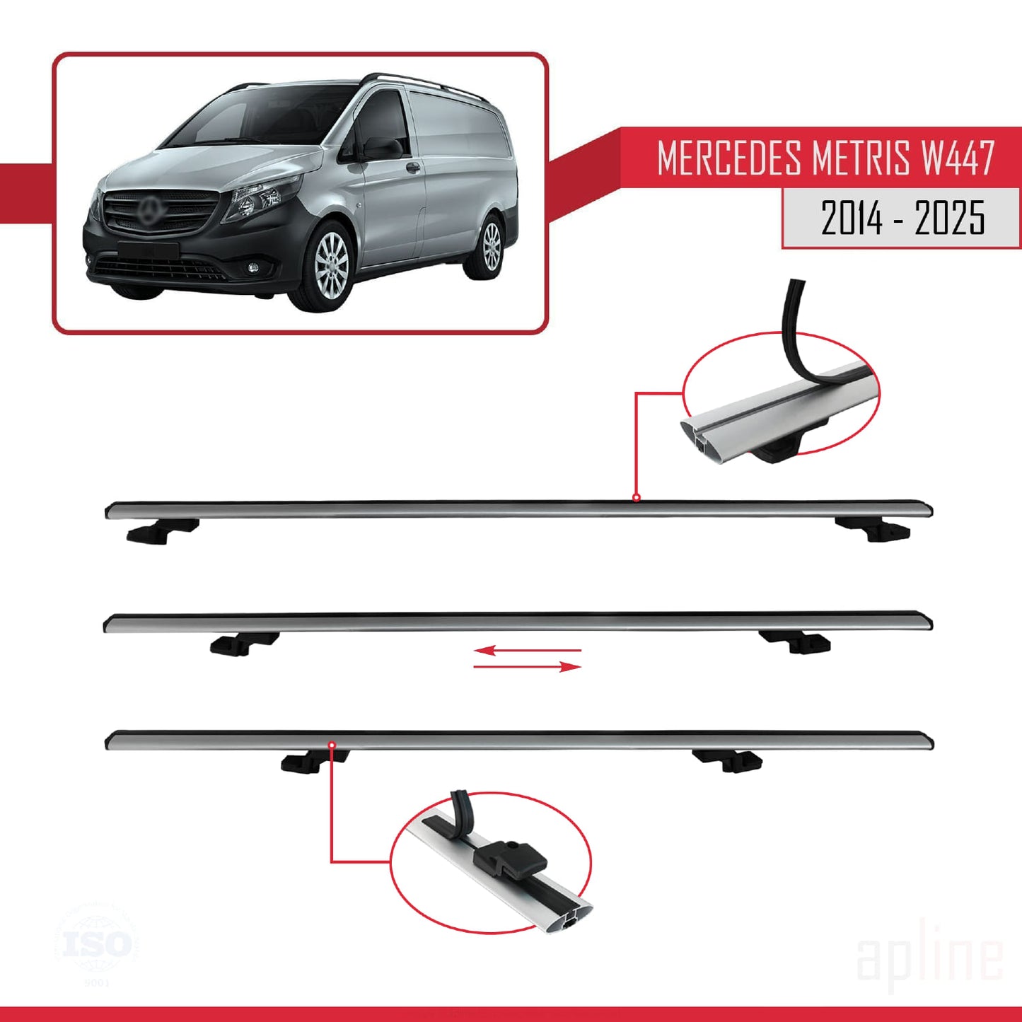Compatible with Mercedes Metris (W447) 2014-2025 BASIC Model Car Roof Rack Cross Bar Grey Aluminium 3 Bars