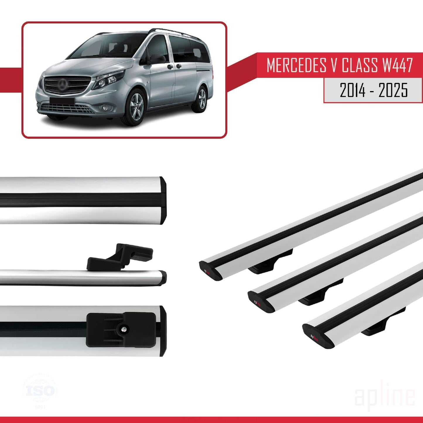 Compatible avec Mercedes Classe V 3 (W447) 2014-2025 BASIC Model Barres de Toit Railing Porte-Bagages de Voiture Gris Aluminium 3 Barres