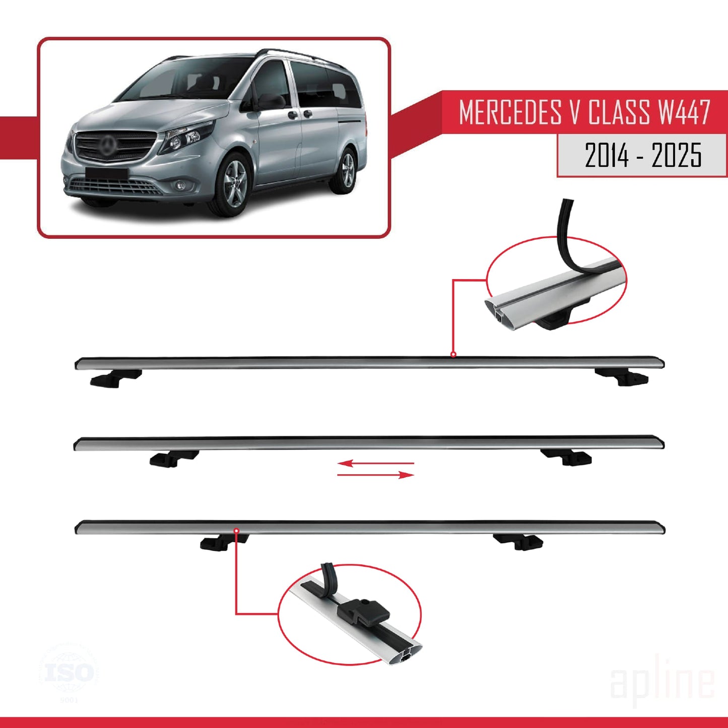 Compatible avec Mercedes Classe V 3 (W447) 2014-2025 BASIC Model Barres de Toit Railing Porte-Bagages de Voiture Gris Aluminium 3 Barres