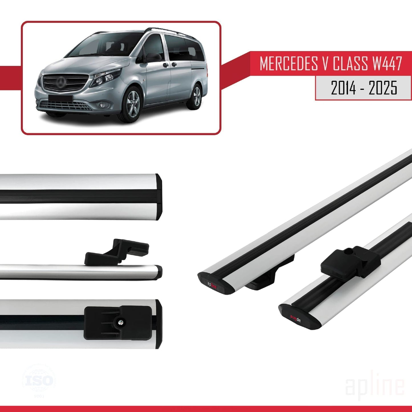 Compatible avec Mercedes Classe V 3 (W447) 2014-2025 BASIC Model Barres de Toit Railing Porte-Bagages de Voiture Gris Aluminium 2 Barres