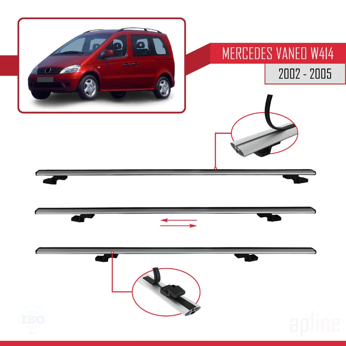 Compatible with Mercedes Vaneo (W414) 2002-2005 BASIC Model Car Roof Rack Cross Bar Grey Aluminium 4 Bars
