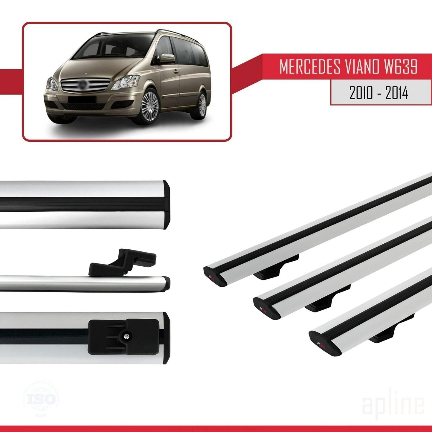 Compatible with Mercedes Viano 2 (W639) Post-Facelift 2010-2014 BASIC Model Car Roof Rack Cross Bar Grey Aluminium 3 Bars