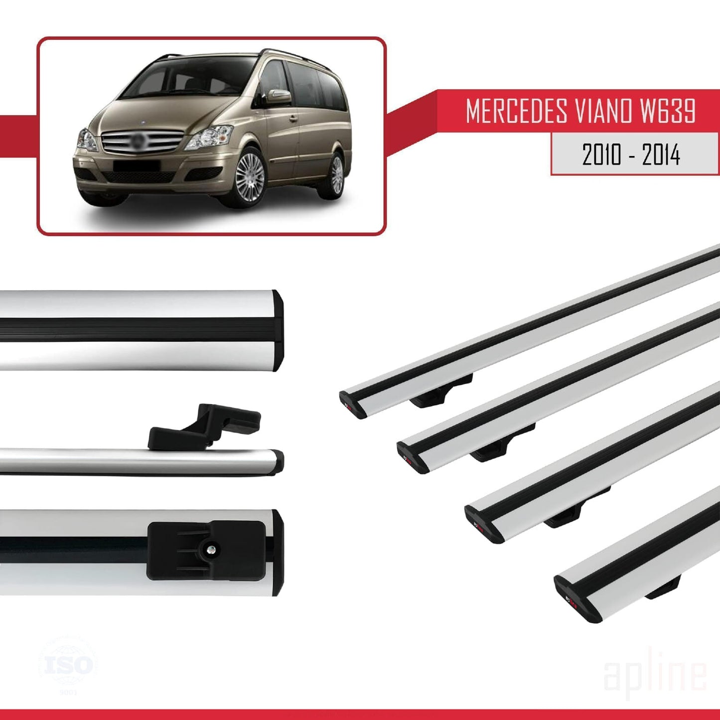 Compatible with Mercedes Viano 2 (W639) Post-Facelift 2010-2014 BASIC Model Car Roof Rack Cross Bar Grey Aluminium 4 Bars