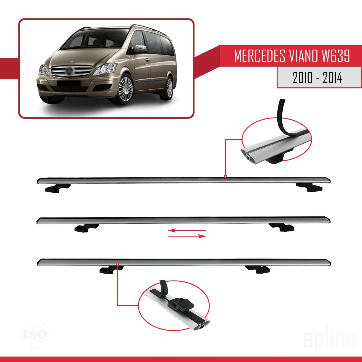 Compatible with Mercedes Viano 2 (W639) Post-Facelift 2010-2014 BASIC Model Car Roof Rack Cross Bar Grey Aluminium 4 Bars