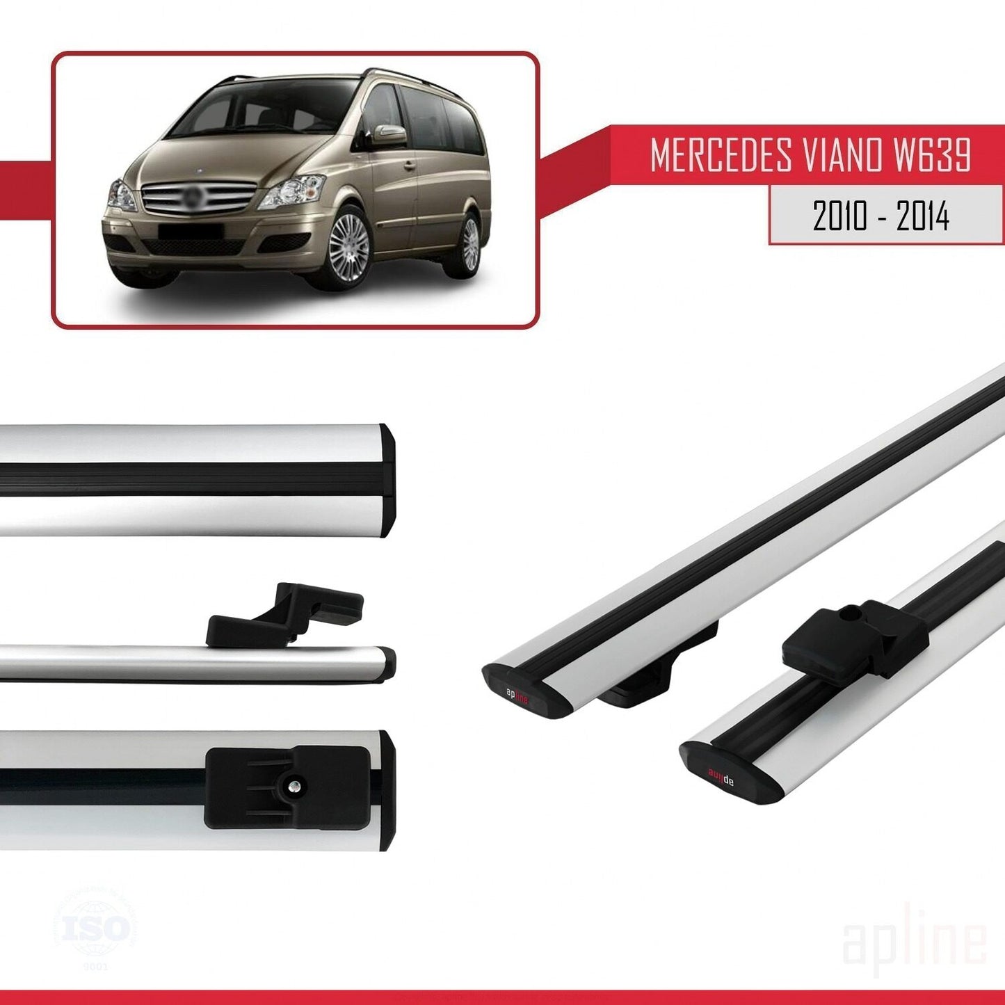Compatible with Mercedes Viano 2 (W639) Post-Facelift 2010-2014 BASIC Model Car Roof Rack Cross Bar Grey Aluminium 2 Bars