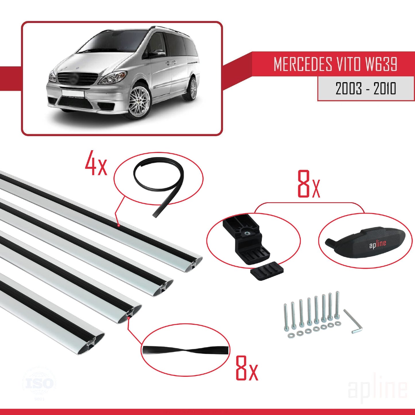 Compatible with Mercedes Vito 2 (W639) Pre-Facelift 2003-2010 BASIC Model Car Roof Rack Cross Bar Grey Aluminium 4 Bars