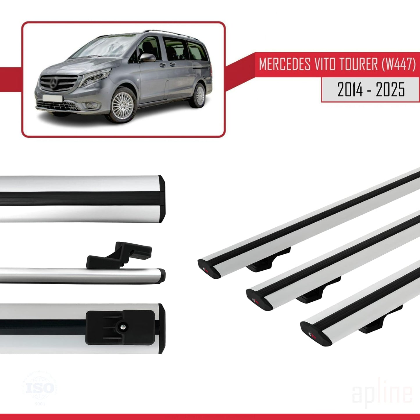 Compatible avec Mercedes Vito Tourer (W447) 2014-2025 BASIC Model Barres de Toit Railing Porte-Bagages de Voiture Gris Aluminium 3 Barres