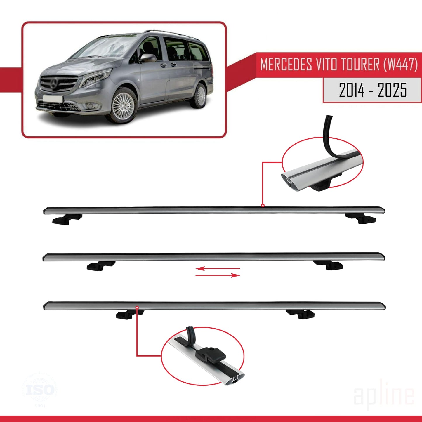 Compatible avec Mercedes Vito Tourer (W447) 2014-2025 BASIC Model Barres de Toit Railing Porte-Bagages de Voiture Gris Aluminium 2 Barres
