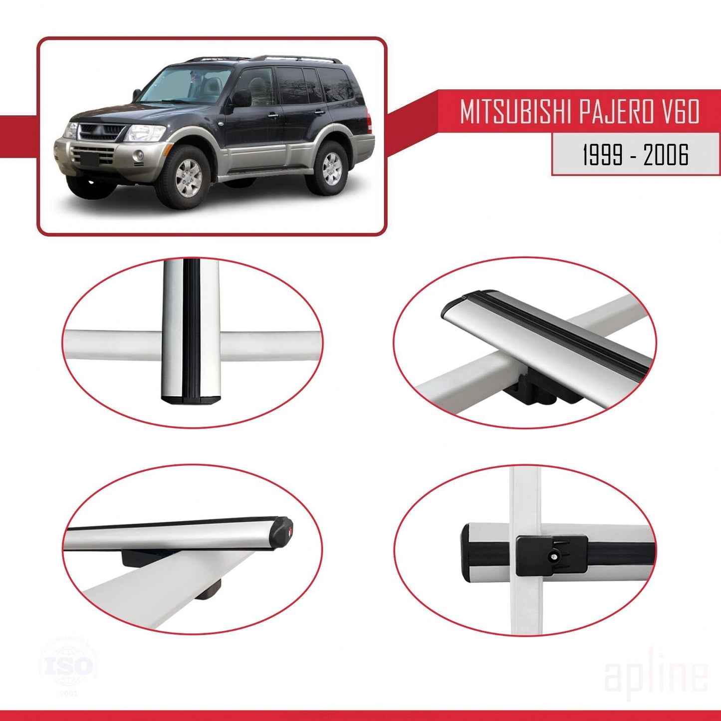 Compatible with Mitsubishi Pajero (V60) 5 Kapı 1999-2006 BASIC Model Car Roof Rack Cross Bar Grey Aluminium 2 Bars