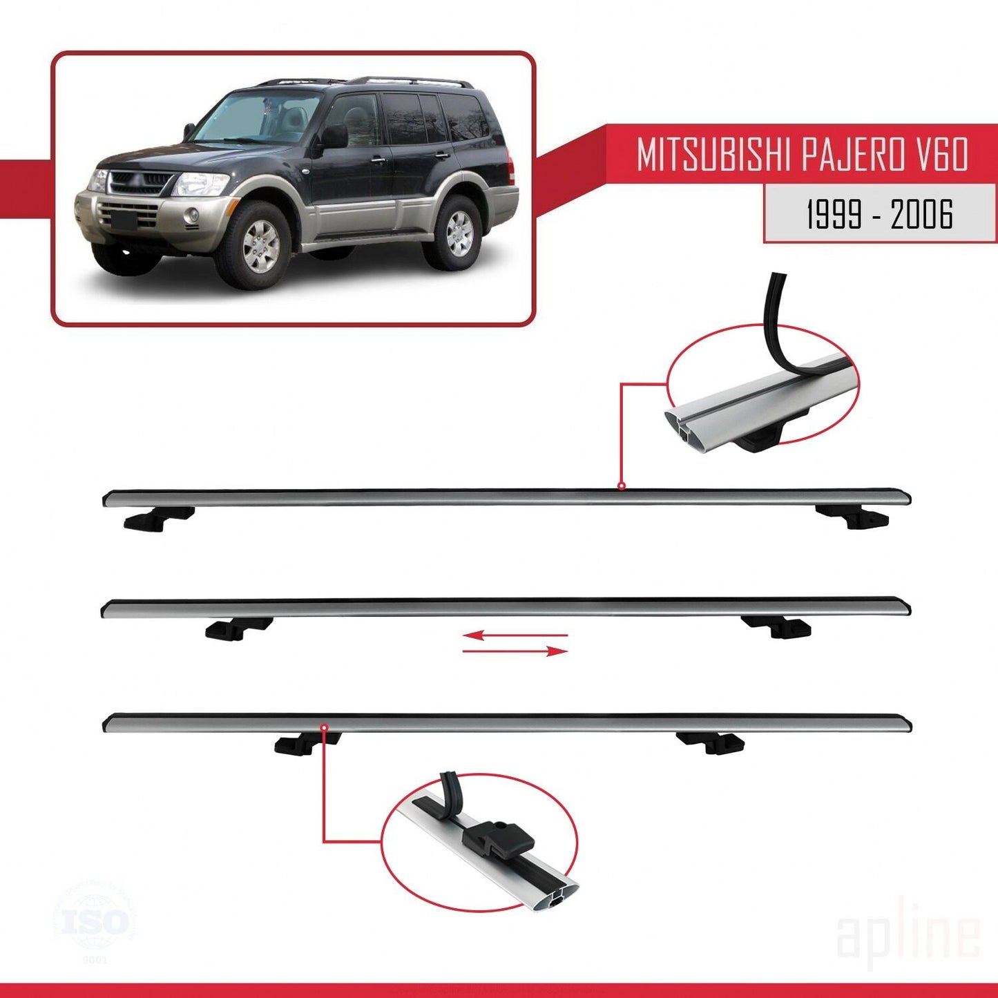 Compatible with Mitsubishi Pajero (V60) 5 Kapı 1999-2006 BASIC Model Car Roof Rack Cross Bar Grey Aluminium 2 Bars
