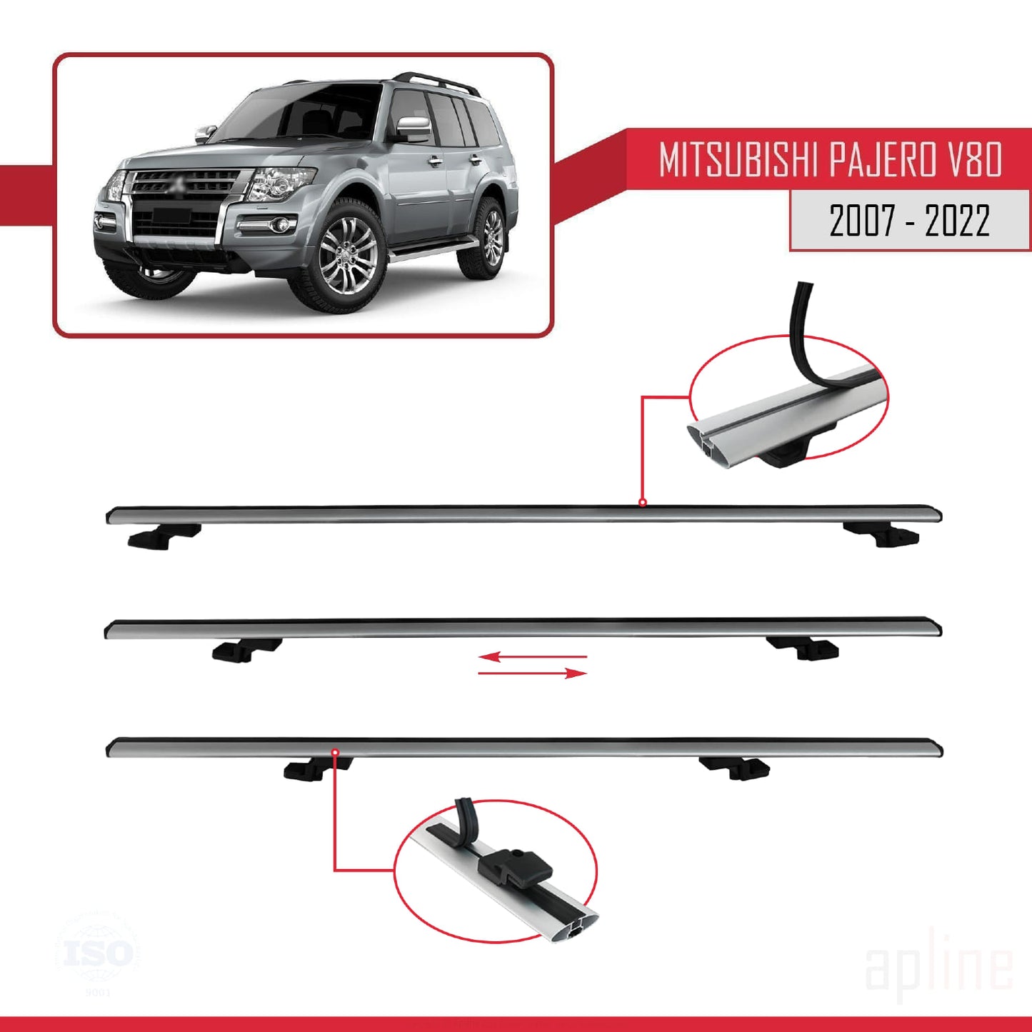 Compatible with Mitsubishi Pajero (V80) 2007-2022 BASIC Model Car Roof Rack Cross Bar Grey Aluminium 2 Bars