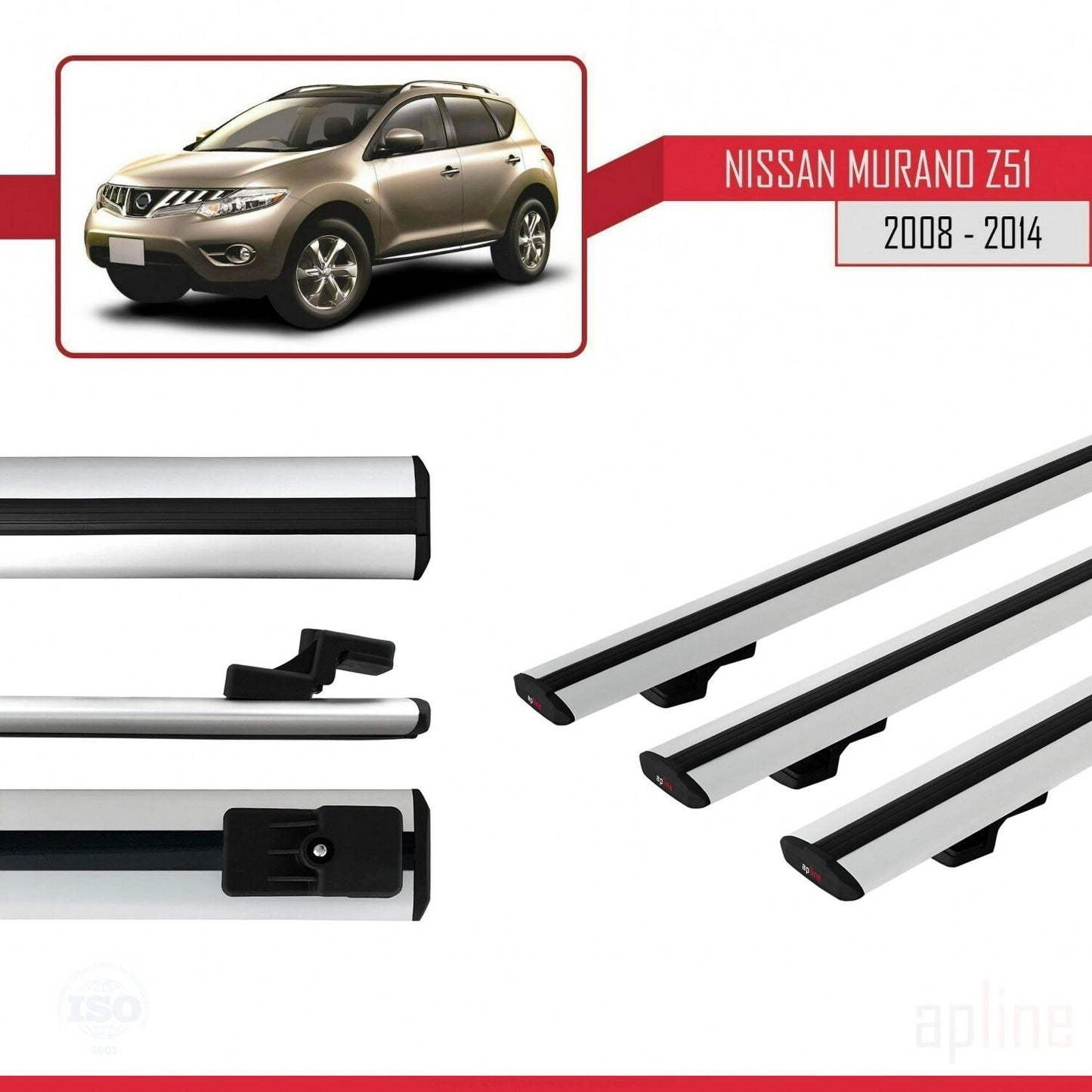 Compatible with Nissan Murano 2 (Z51) 2008-2014 BASIC Model Car Roof Rack Cross Bar Grey Aluminium 3 Bars