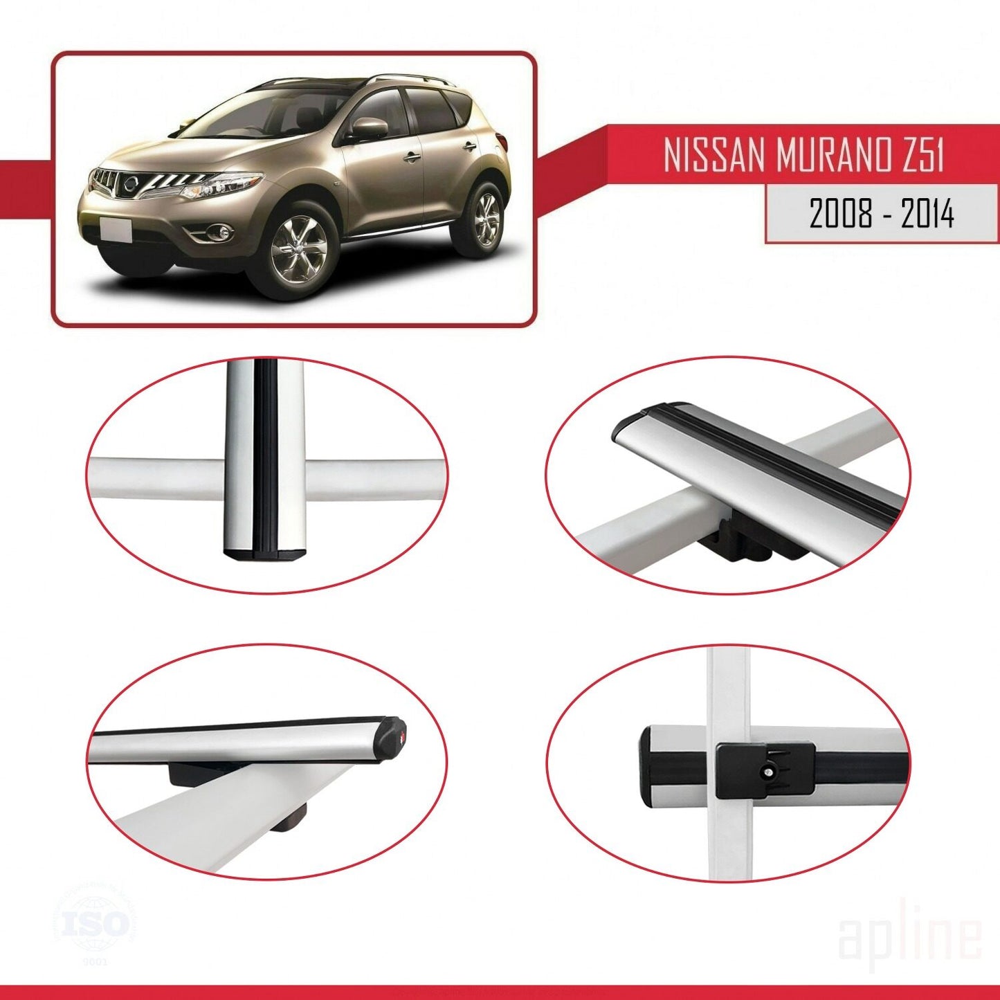 Compatible with Nissan Murano 2 (Z51) 2008-2014 BASIC Model Car Roof Rack Cross Bar Grey Aluminium 2 Bars