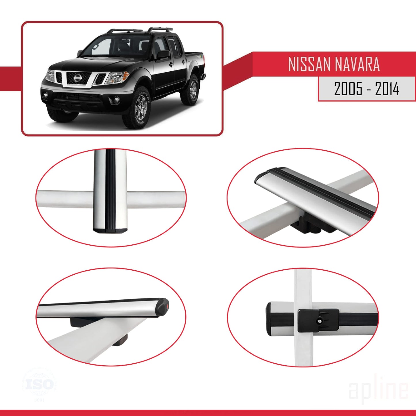 Compatible with Nissan Navara 3 (D40) 2005-2014 BASIC Model Car Roof Rack Cross Bar Grey Aluminium 2 Bars