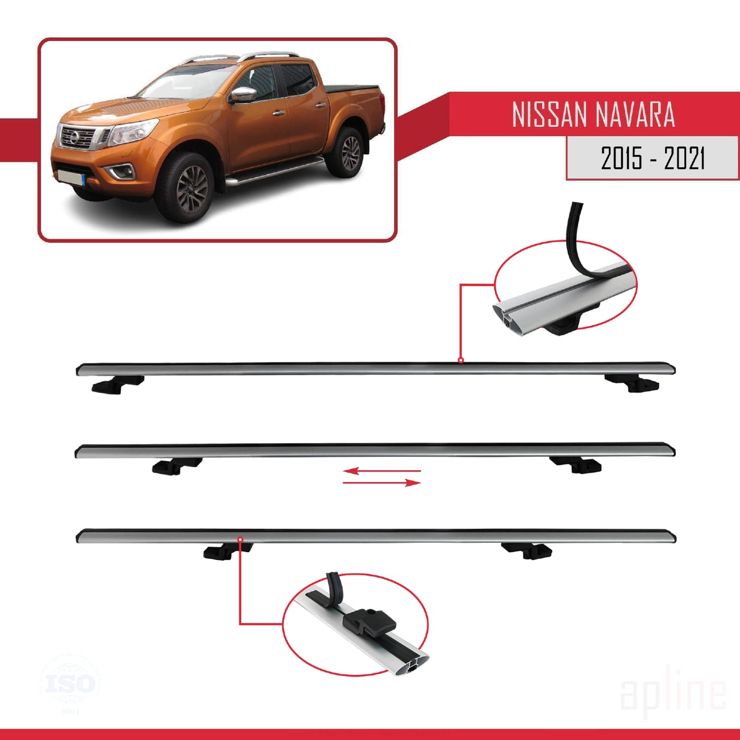 Compatible with Nissan Navara 4 (D23) 2015-2021 BASIC Model Car Roof Rack Cross Bar Grey Aluminium 2 Bars