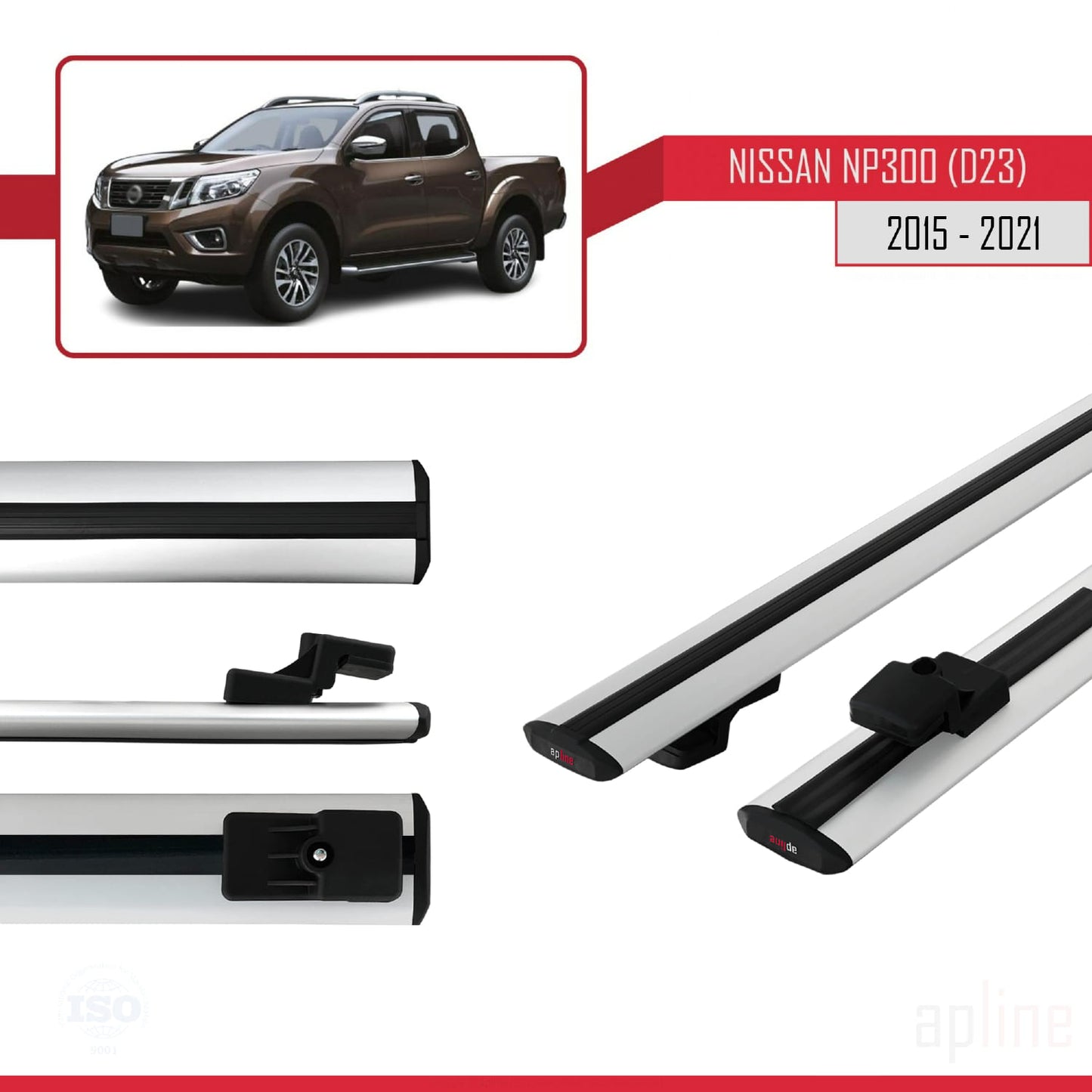 Compatible with Nissan NP300 (D23) 2015-2021 BASIC Model Car Roof Rack Cross Bar Grey Aluminium 2 Bars
