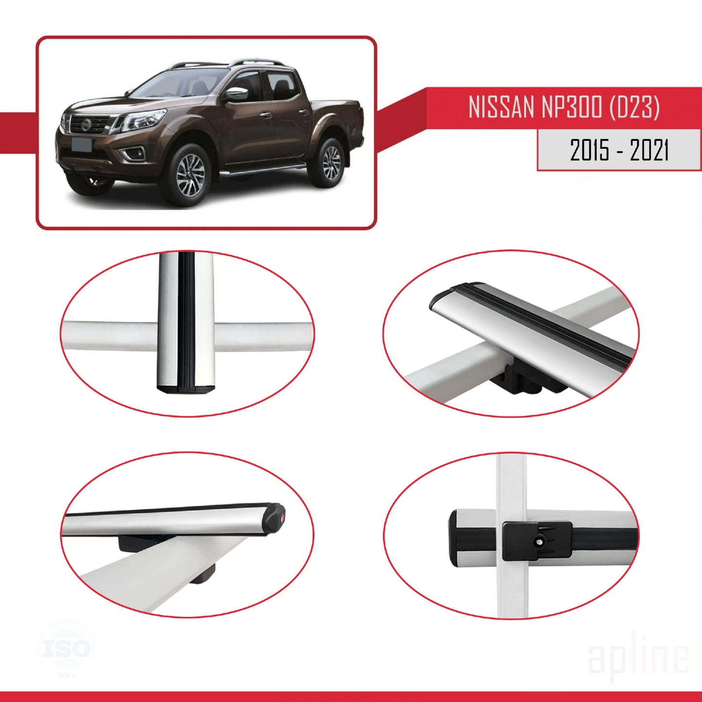 Compatible with Nissan NP300 (D23) 2015-2021 BASIC Model Car Roof Rack Cross Bar Grey Aluminium 2 Bars