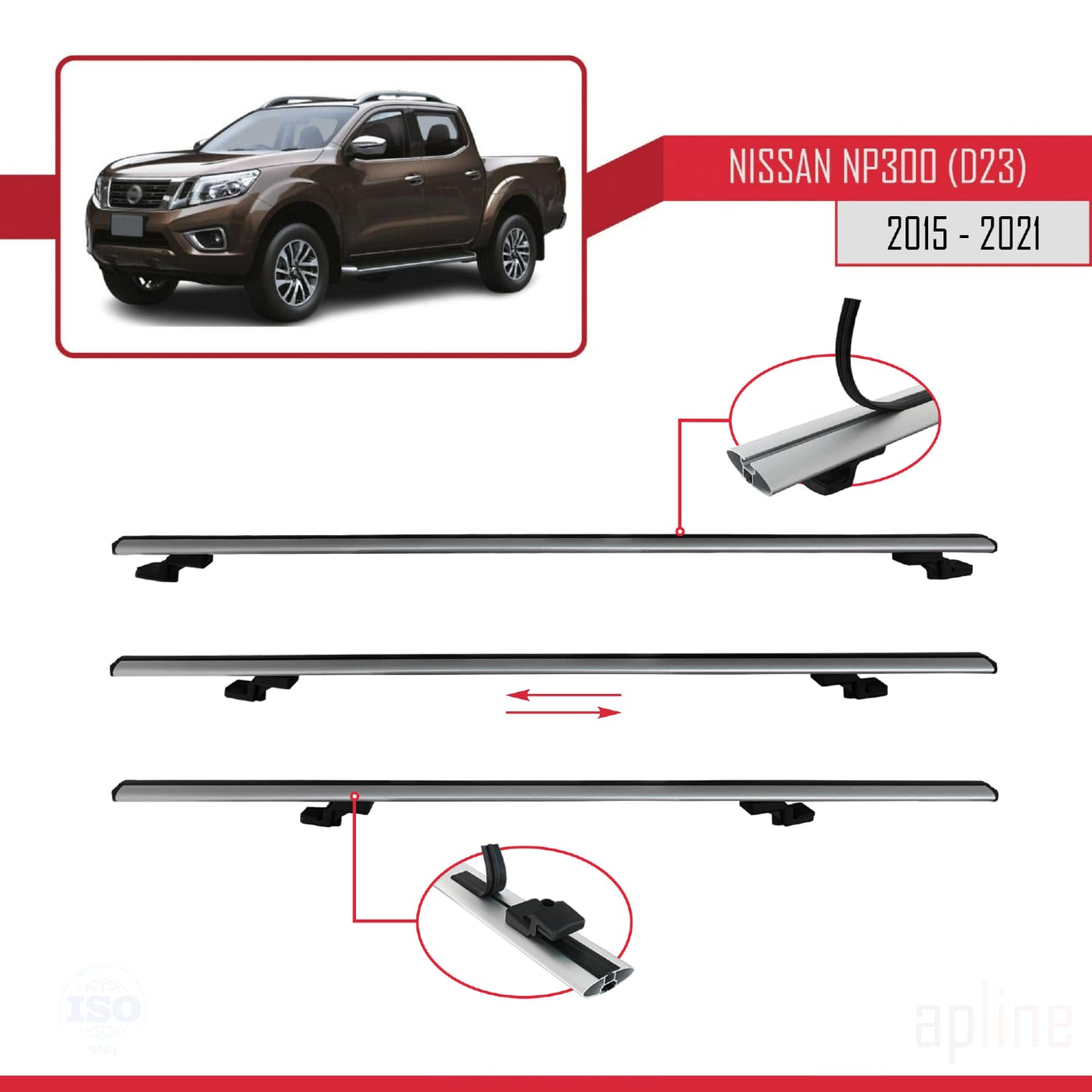 Compatible with Nissan NP300 (D23) 2015-2021 BASIC Model Car Roof Rack Cross Bar Grey Aluminium 2 Bars
