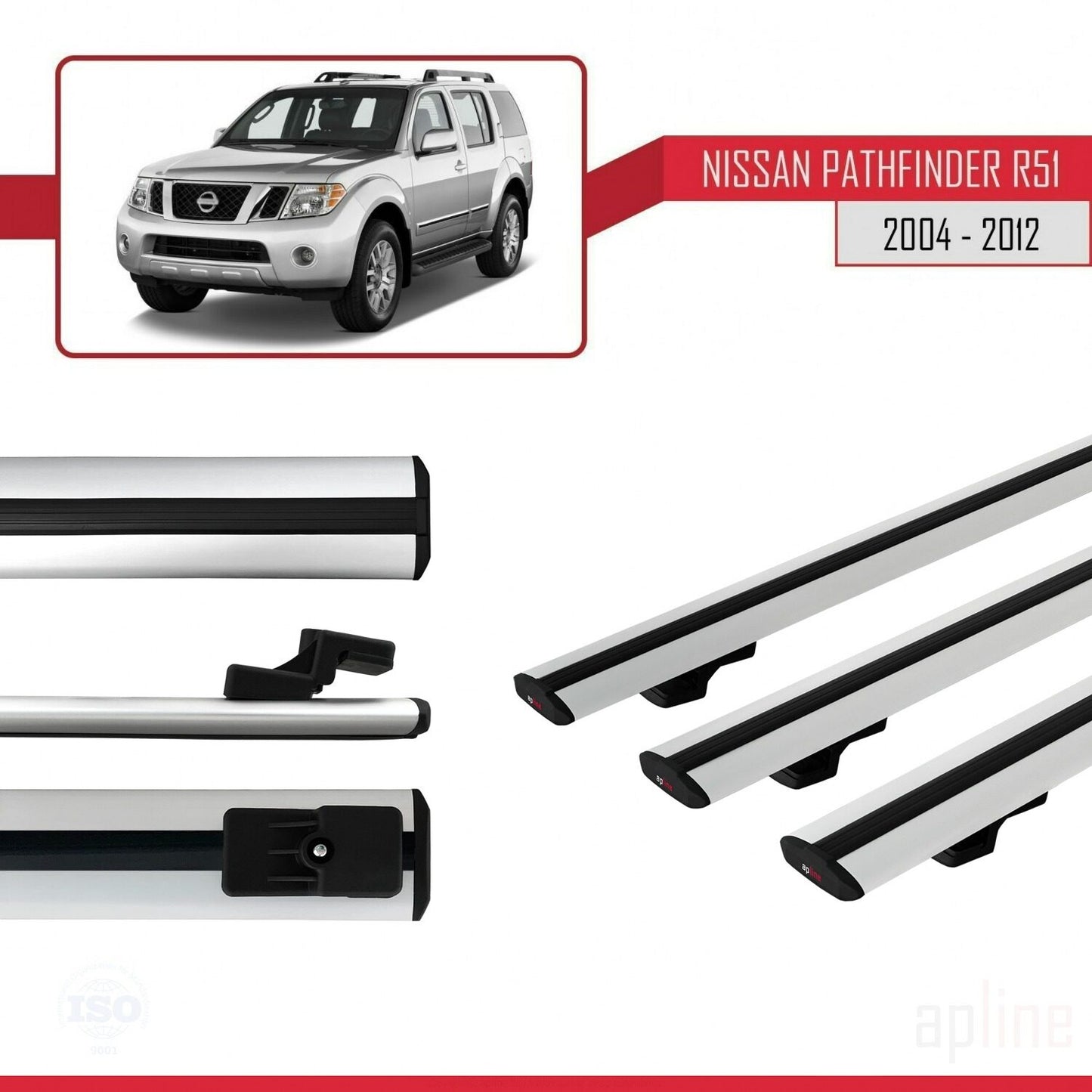 Compatible avec Nissan Pathfinder 3 (R51) 2004-2012 BASIC Model Barres de Toit Railing Porte-Bagages de Voiture Gris Aluminium 3 Barres
