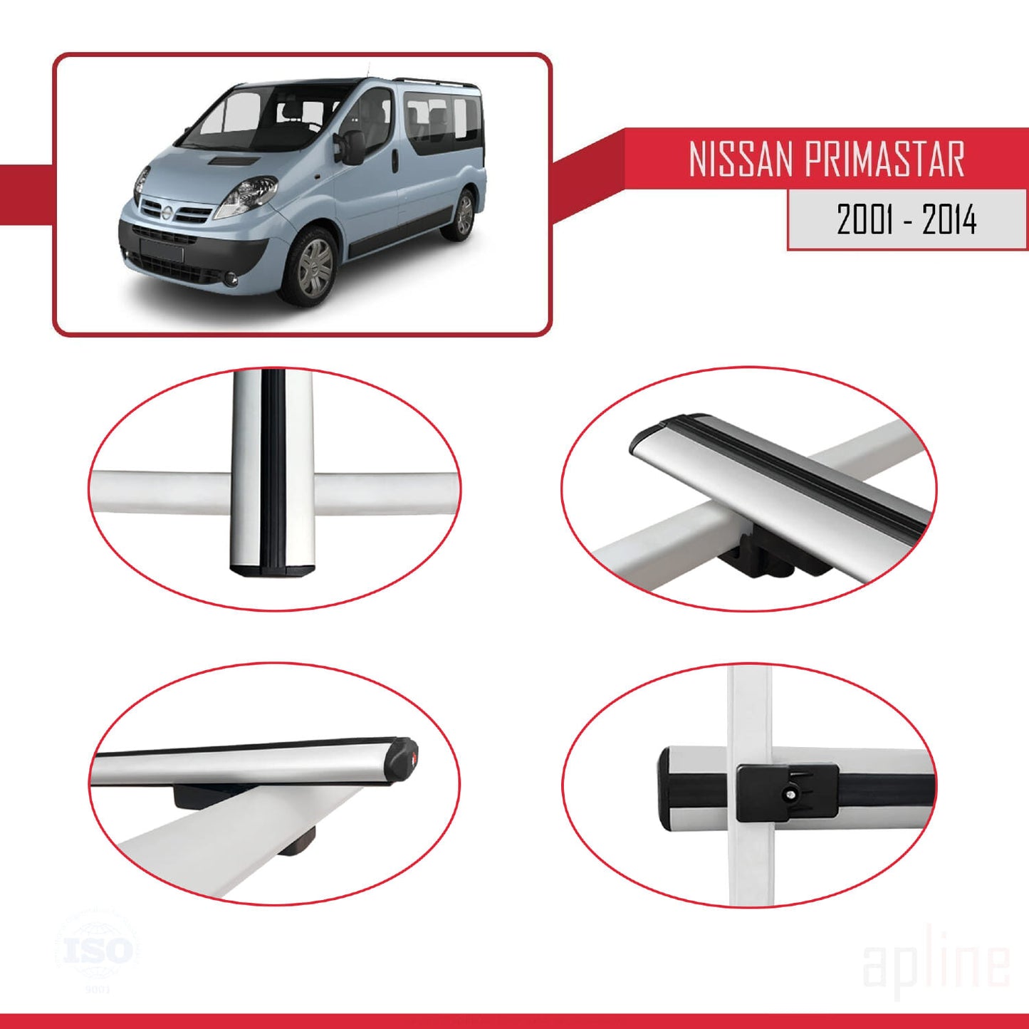 Compatible avec Nissan Primastar 2001-2014 BASIC Model Barres de Toit Railing Porte-Bagages de Voiture Gris Aluminium 4 Barres