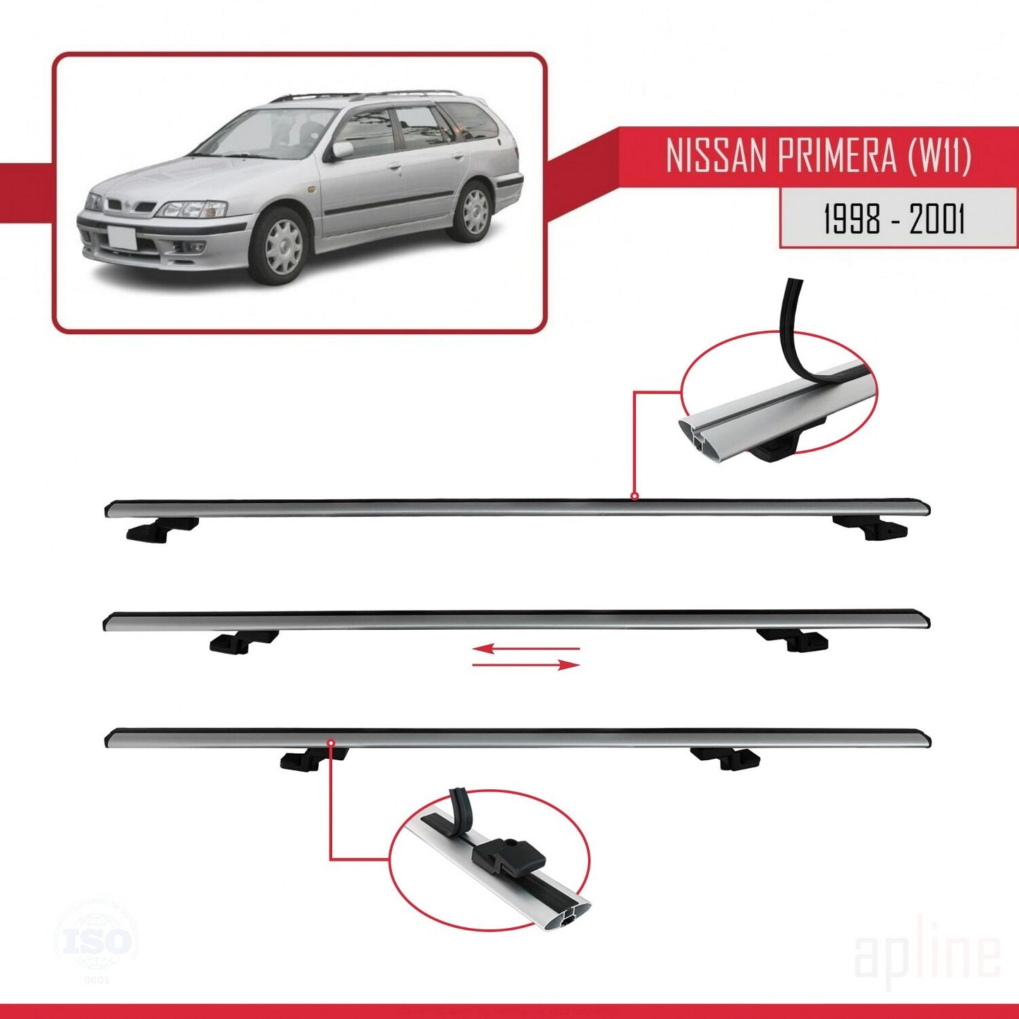 Compatible avec Nissan Primera 2 (W11) Traveller 1998-2001 BASIC Model Barres de Toit Railing Porte-Bagages de Voiture Gris Aluminium 3 Barres