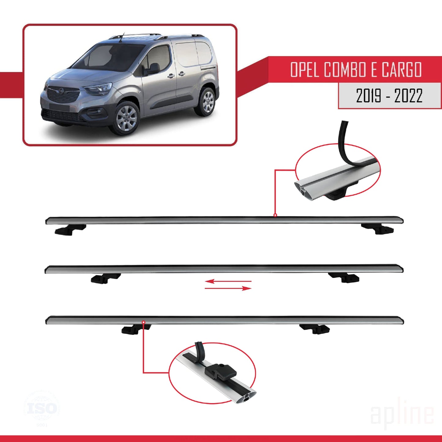 Compatible avec Opel Combo E Cargo 2019-2022 BASIC Model Barres de Toit Railing Porte-Bagages de Voiture Gris Aluminium 3 Barres