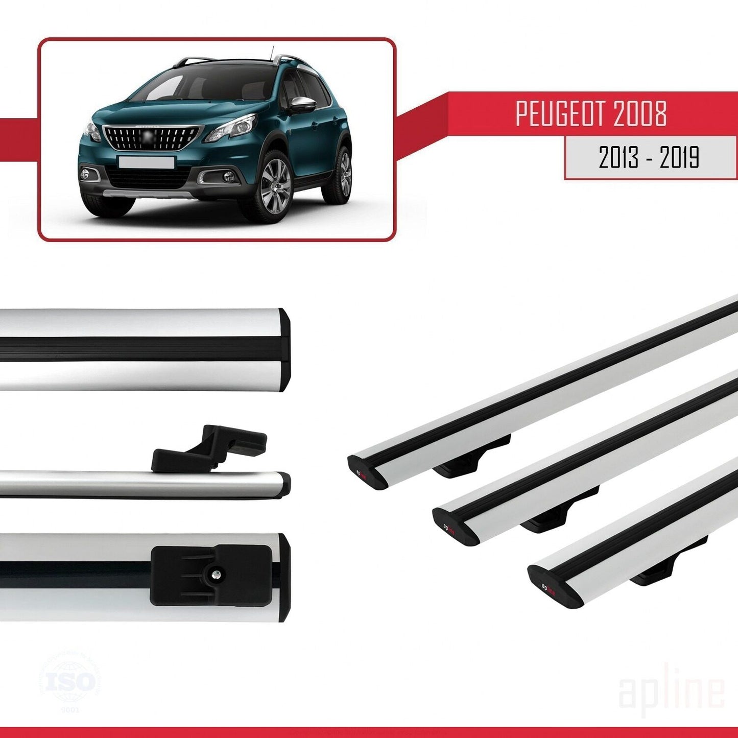Compatible avec Peugeot 2008 (A94) 2013-2019 BASIC Model Barres de Toit Railing Porte-Bagages de Voiture Gris Aluminium 3 Barres