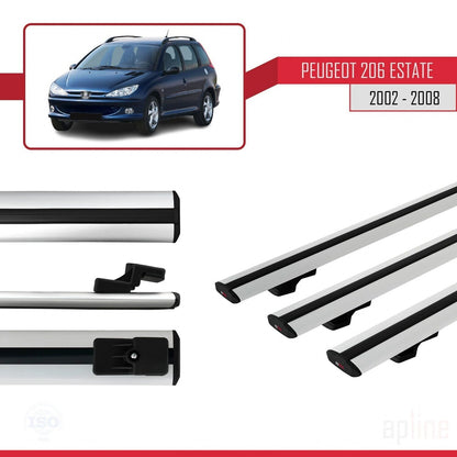 Compatible avec Peugeot 206 Break 2002-2008 BASIC Model Barres de Toit Railing Porte-Bagages de Voiture Gris Aluminium 3 Barres